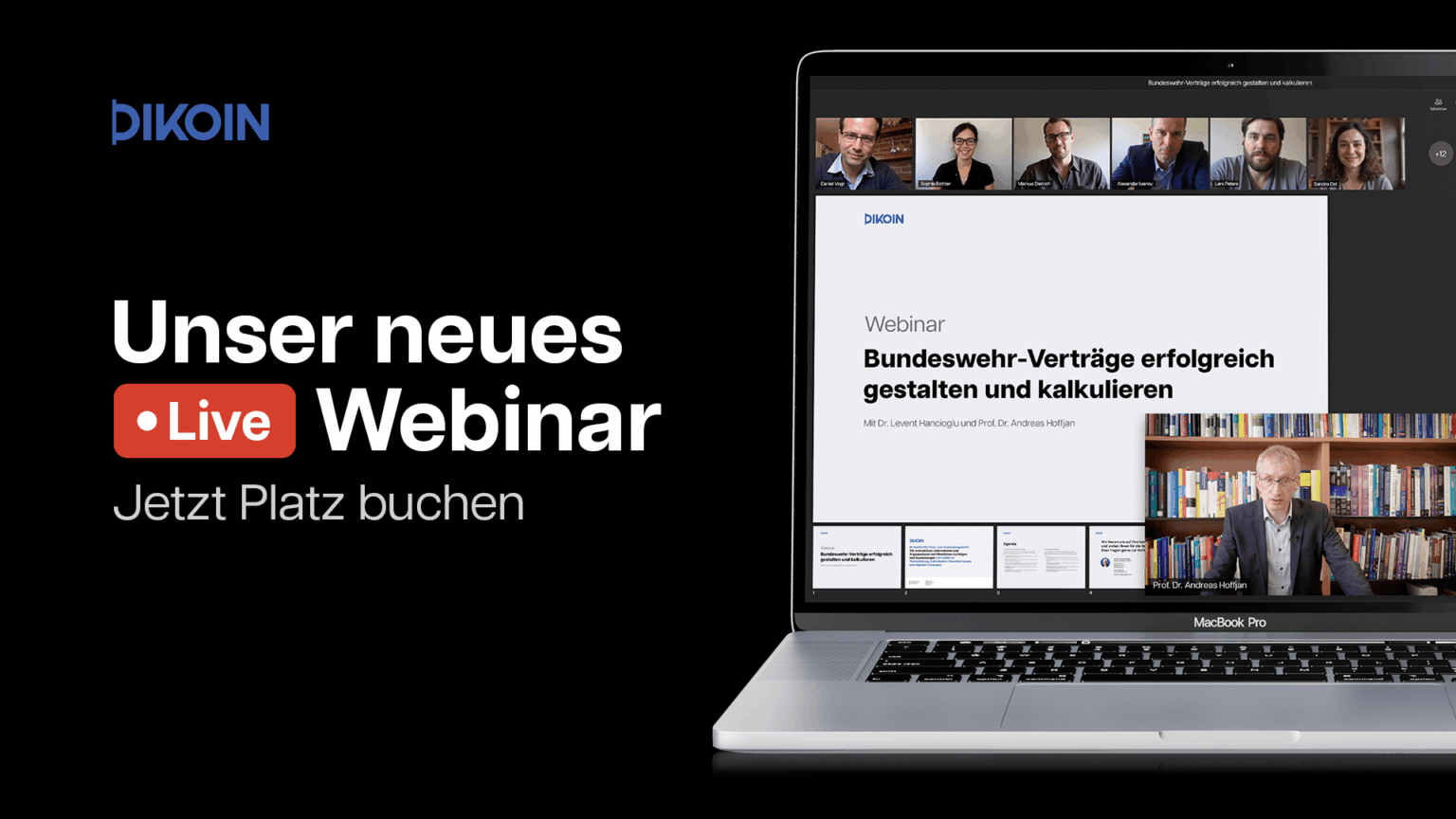 Laptop mit Live-Webinar Banner DIKOIN Bundeswehr-Verträge erfolgreich gestalten und kalkulieren