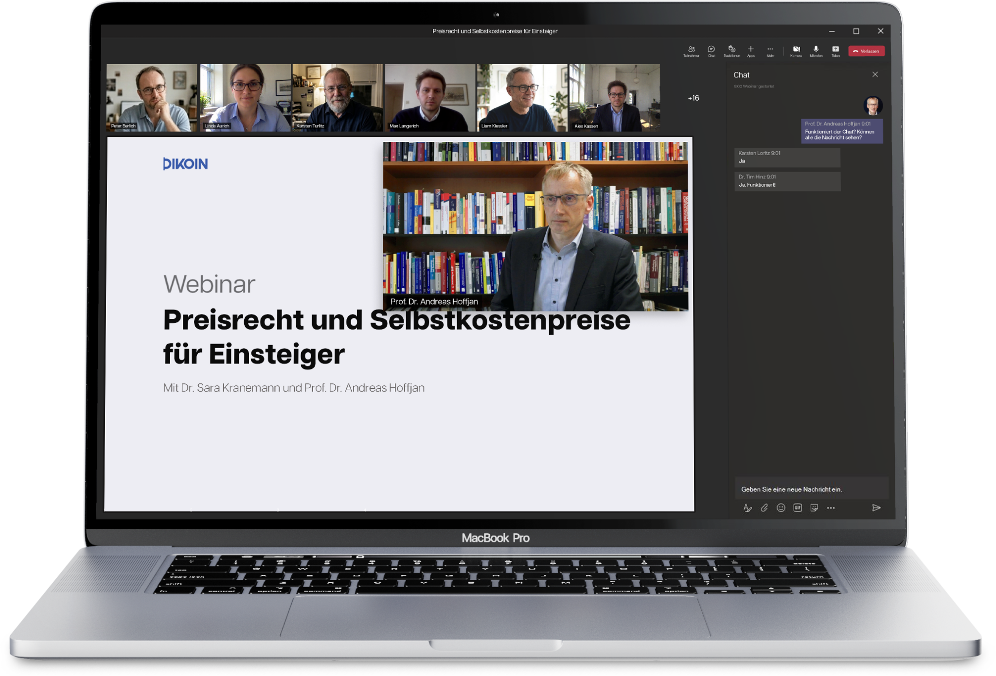 Online-Webinar der DIKOIN zum Thema „Preisrecht und Selbstkostenpreise für Einsteiger“. Zu sehen sind die Referenten Dr. Sara Kranemann und Prof. Dr. Andreas Hoffjan sowie weitere Teilnehmer in einer Videokonferenz-Ansicht.